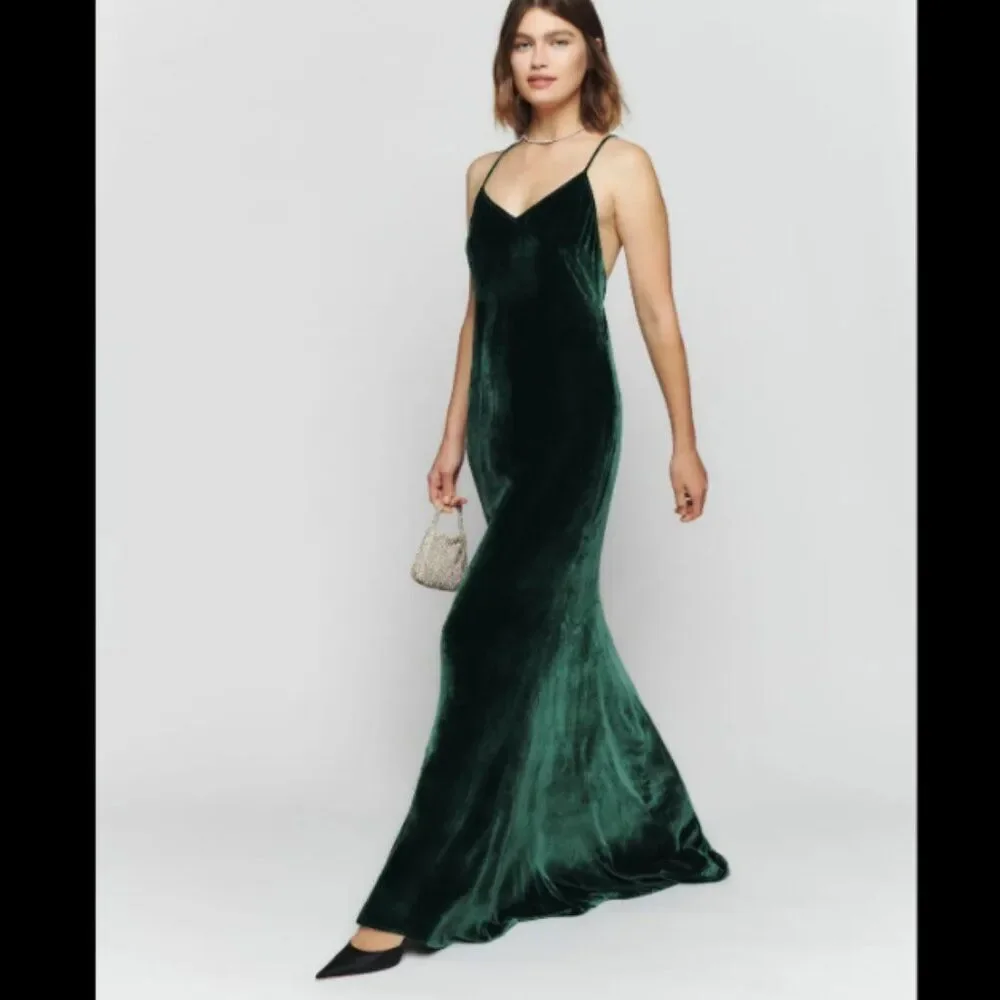 Reformation Rimini Velvet Dress Forest Dark Green Gown Maxi - Picture 1 of 10